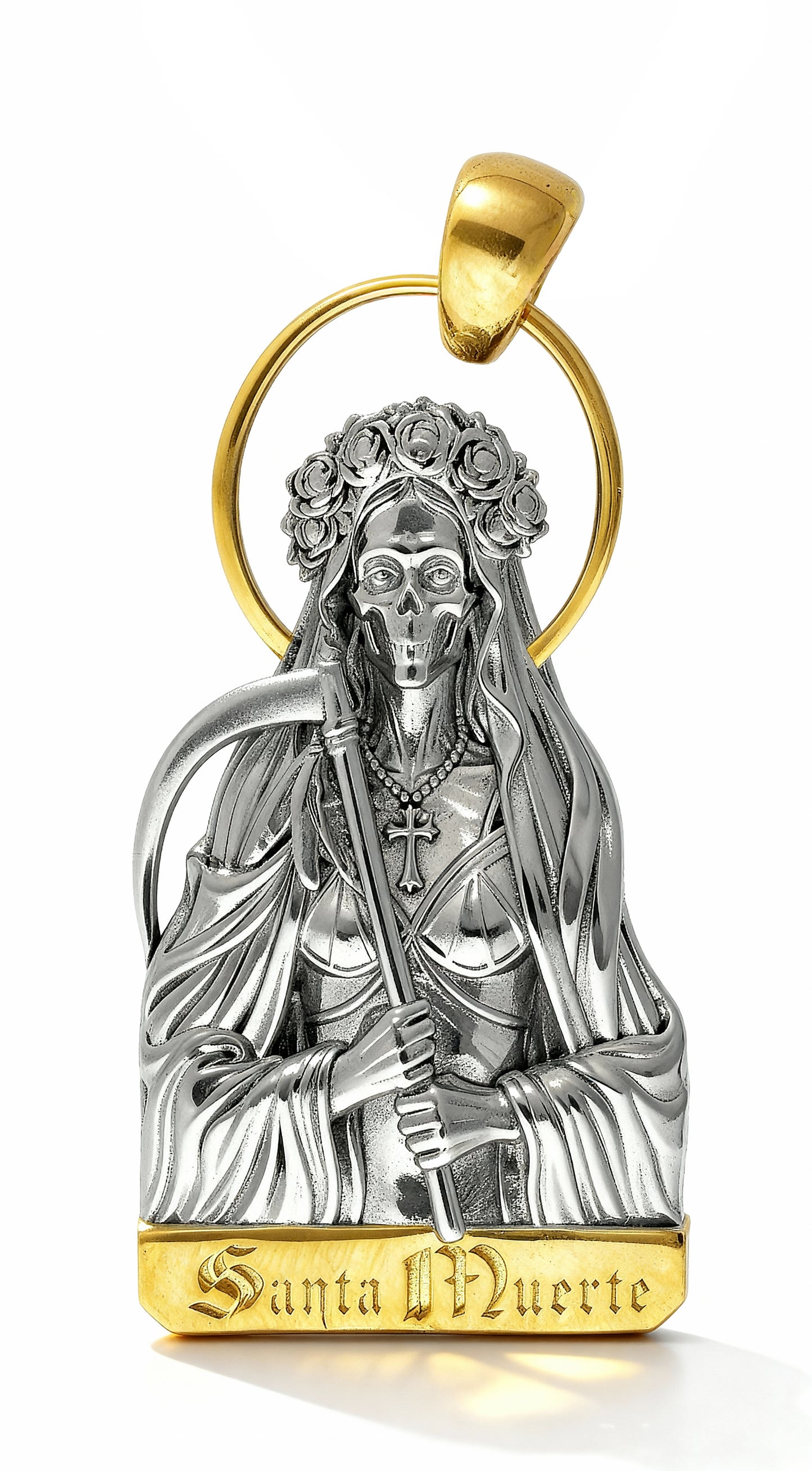 High-detail Santa Muerte pendant luxury silver finish – devotional jewelry